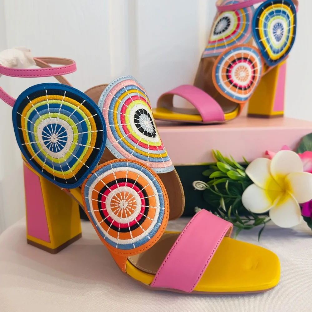 EXE ~ Colorful Sandals Circular Geometric Design Block Heel Ankle Strap size 40